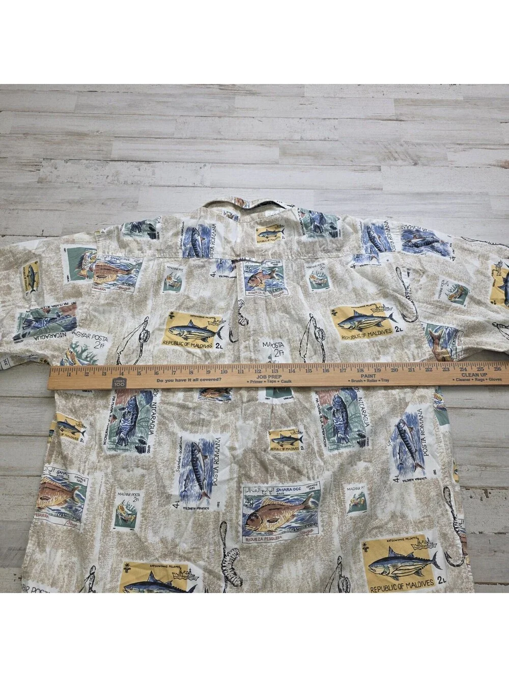 VTG North River All Over Print Fishing around the World Stamps Button-Up - MED